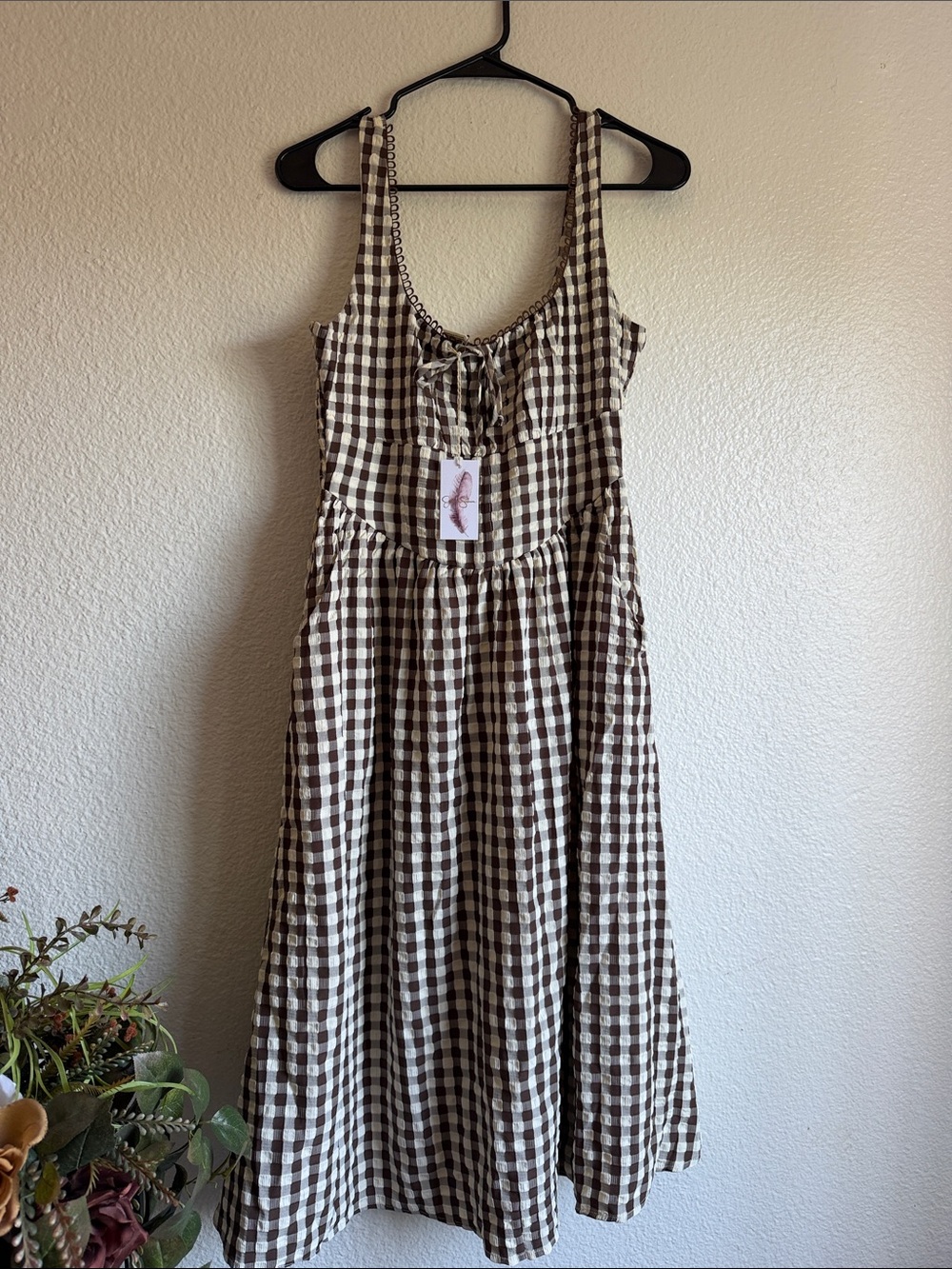 Jessica Simpson Brown and Cream Gingham Midi Dress size L